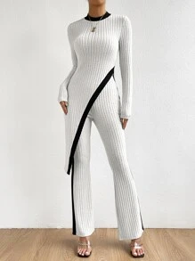 SHEIN Privé Pantalones con camiseta ribete en contraste bajo asimétrico - Blanco - Ver 5