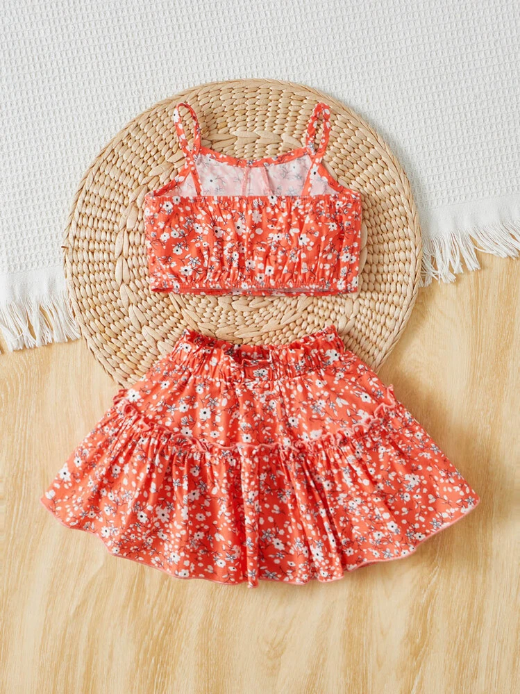 SHEIN Baby Ditsy Floral Print Cami Top & Frill Trim Skirt - Multicolor - View 2