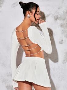 SHEIN BAE Áo thun nữ Lộ Lưng Chuỗi Pha lê kim cương màu trơn Gợi cảm - trắng - Xem 3