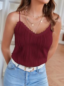 SHEIN Frenchy 素色蕾絲邊紋理質感吊帶上衣 - 酒紅色 - 查看 3