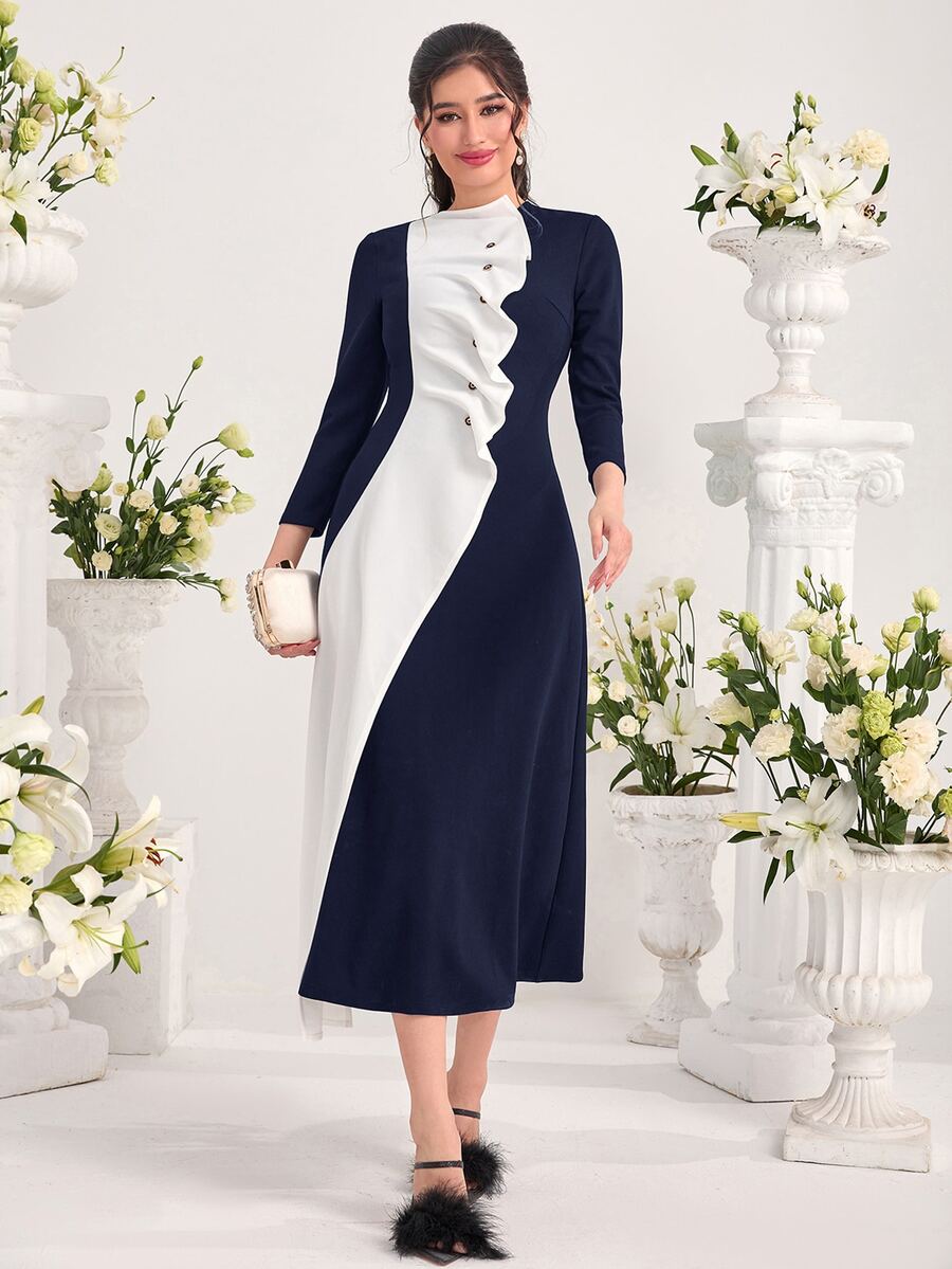 Modelyn Two Tone Ruffle Trim Dress Dress For Churches - Blue and White - View 1