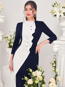 Modelyn Two Tone Ruffle Trim Dress Dress For Churches - Blue and White - View 3