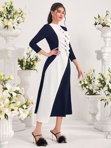 Modelyn Two Tone Ruffle Trim Dress Dress For Churches - Blue and White - View 5