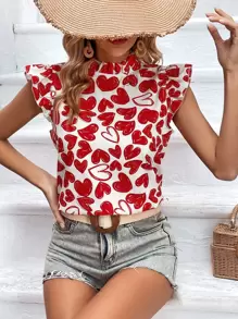 SHEIN VCAY Blusa con estampado de corazón ribete con fruncido de cuello alto - Rojo y blanco - Ver 1