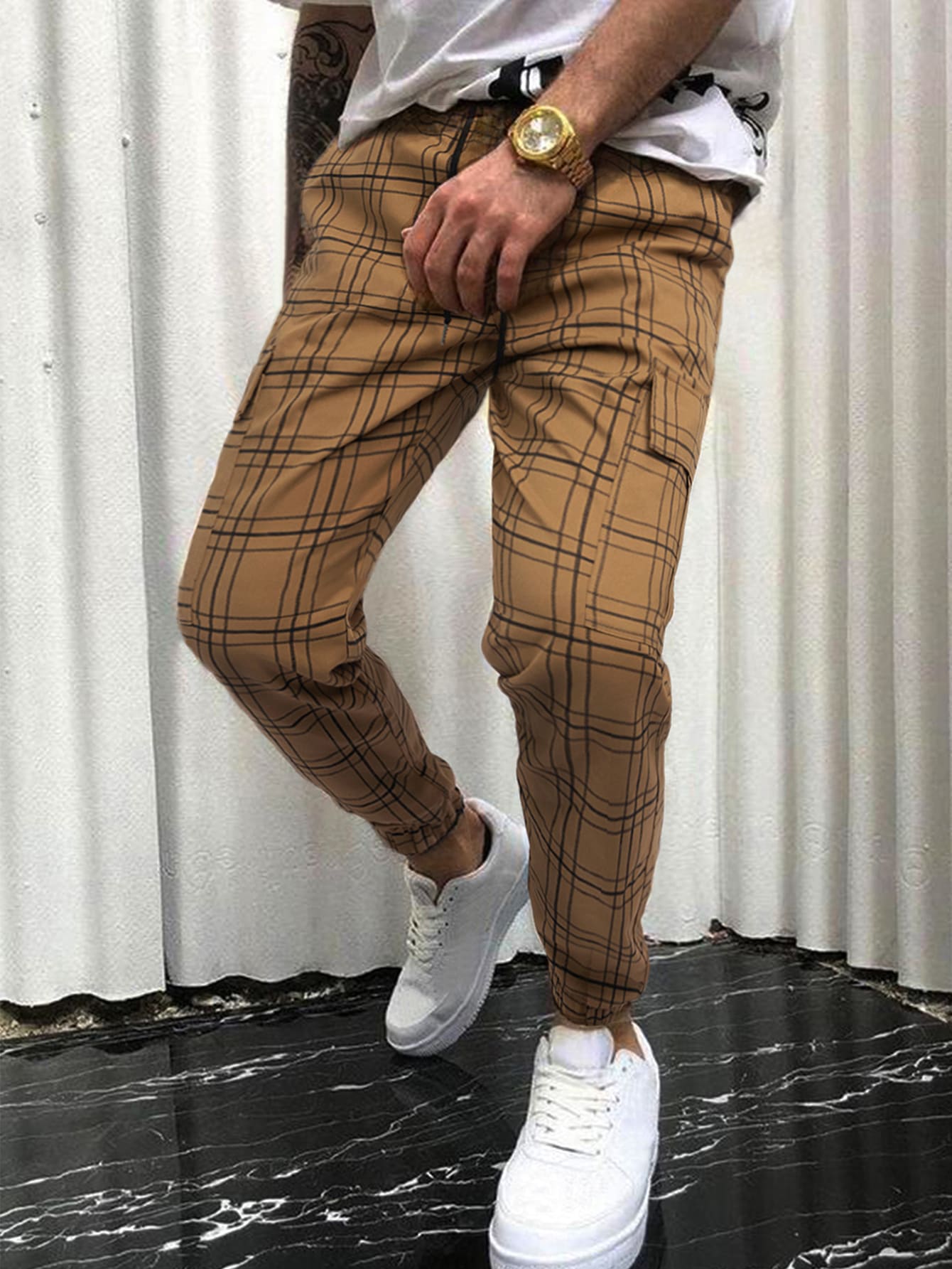 Manfinity Homme Hombres Pantalones con estampado de cuadros de cintura con cordón - Marrón - Ver 1