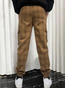 Manfinity Homme Hombres Pantalones con estampado de cuadros de cintura con cordón - Marrón - Ver 2