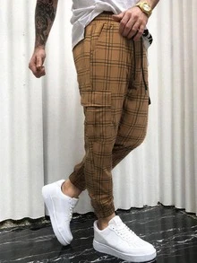 Manfinity Homme Hombres Pantalones con estampado de cuadros de cintura con cordón - Marrón - Ver 3