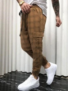 Manfinity Homme Hombres Pantalones con estampado de cuadros de cintura con cordón - Marrón - Ver 4