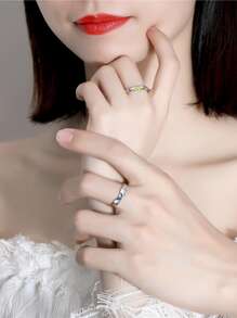 2入組/套情侶日月圖案銀婚戒適合女士新娘婚禮精細首飾類 - 彩色 - 查看 3