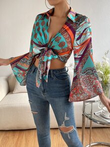 SHEIN VCAY Áo sơ mi In hoa văn khăn Tay áo kèn  Nút phía trước Mùa vụ Xa ten bờ biển - Nhiều màu - Xem 5