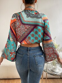 SHEIN VCAY Áo sơ mi In hoa văn khăn Tay áo kèn  Nút phía trước Mùa vụ Xa ten bờ biển - Nhiều màu - Xem 2