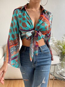 SHEIN VCAY Áo sơ mi In hoa văn khăn Tay áo kèn  Nút phía trước Mùa vụ Xa ten bờ biển - Nhiều màu - Xem 4