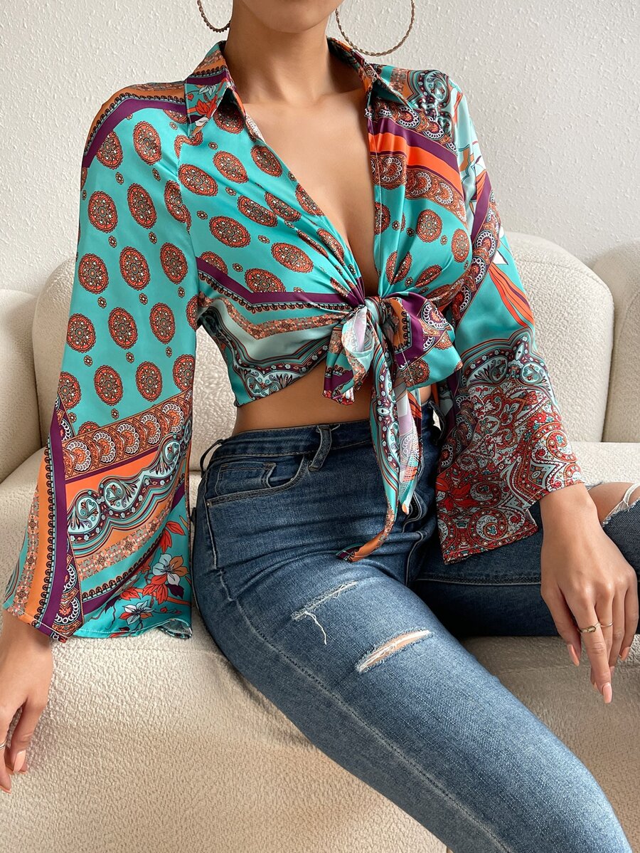 SHEIN VCAY Áo sơ mi In hoa văn khăn Tay áo kèn  Nút phía trước Mùa vụ Xa ten bờ biển - Nhiều màu - Xem 1