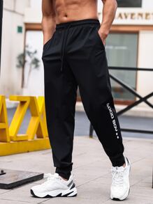Men Letter Graphic Drawstring Waist Sports Trousers - Black - View 1