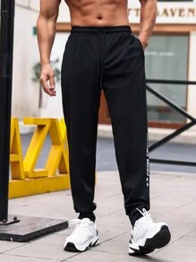 Men Letter Graphic Drawstring Waist Sports Trousers - Black - View 4