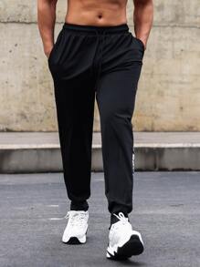 Men Letter Graphic Drawstring Waist Sports Trousers - Black - View 5