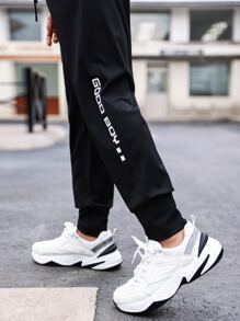 Men Letter Graphic Drawstring Waist Sports Trousers - Black - View 6