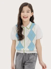 Chicas Cárdigan con patrón de rombo de manga farol con botón delantero - Azul y blanco - Ver 1