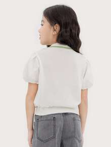 Chicas Cárdigan con patrón de rombo de manga farol con botón delantero - Azul y blanco - Ver 2