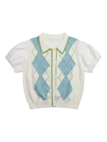 Chicas Cárdigan con patrón de rombo de manga farol con botón delantero - Azul y blanco - Ver 3