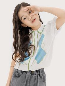 Chicas Cárdigan con patrón de rombo de manga farol con botón delantero - Azul y blanco - Ver 4