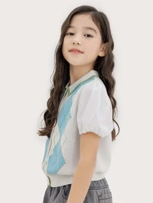 Chicas Cárdigan con patrón de rombo de manga farol con botón delantero - Azul y blanco - Ver 5