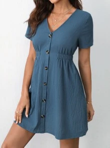 SHEIN Frenchy Đầm Nút phía trước màu trơn Giải trí - Màu xanh bụi bặm - Xem 3