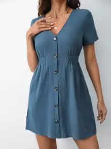 SHEIN Frenchy Đầm Nút phía trước màu trơn Giải trí - Màu xanh bụi bặm - Xem 5