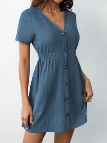 SHEIN Frenchy Đầm Nút phía trước màu trơn Giải trí - Màu xanh bụi bặm - Xem 6