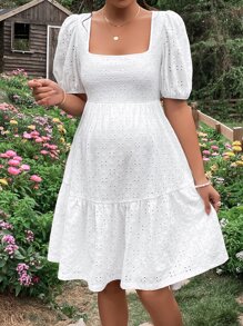 SHEIN Maternity Square Neck Puff Sleeve Ruffle Hem Schiffy Dress - White - View 4