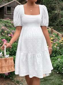 SHEIN Maternity Square Neck Puff Sleeve Ruffle Hem Schiffy Dress - White - View 5
