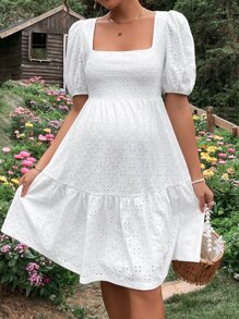 SHEIN Maternity Square Neck Puff Sleeve Ruffle Hem Schiffy Dress - White - View 6