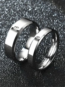 2pcs/set Couple Rhinestone Decor Ring - Silver - View 2