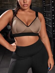 Yoga Basic Plus Contrast Binding Sports Bra - Mocha Brown - View 1