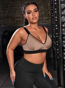 Yoga Basic Plus Contrast Binding Sports Bra - Mocha Brown - View 2