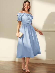 Modelyn Vestido largo de noche con hombros descubiertos, volantes y cordones en la cintura - Celeste - Ver 1