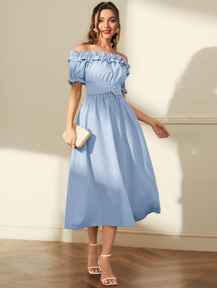 Modelyn Vestido largo de noche con hombros descubiertos, volantes y cordones en la cintura - Celeste - Ver 1