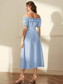 Modelyn Vestido largo de noche con hombros descubiertos, volantes y cordones en la cintura - Celeste - Ver 2