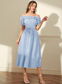 Modelyn Vestido largo de noche con hombros descubiertos, volantes y cordones en la cintura - Celeste - Ver 3