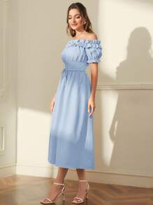 Modelyn Vestido largo de noche con hombros descubiertos, volantes y cordones en la cintura - Celeste - Ver 4