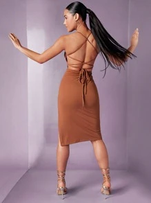 SHEIN BAE Lace Up Backless Split Thigh Cami Dress - Brown - View 1