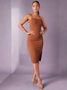 SHEIN BAE Lace Up Backless Split Thigh Cami Dress - Brown - View 2