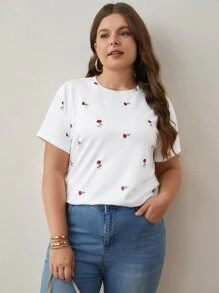 SHEIN Frenchy Áo thun Plus size Thêu Hoa Giải trí - trắng - Xem 3