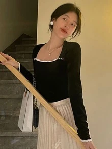 Áo sơ mi nữ Tương phản ren màu trơn Thanh lịch - màu đen - Xem 1