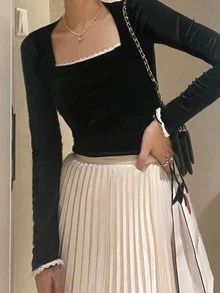 Áo sơ mi nữ Tương phản ren màu trơn Thanh lịch - màu đen - Xem 4