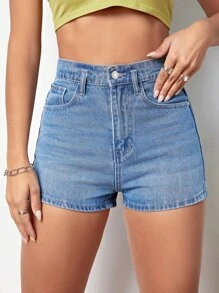 High Waist Denim Shorts - Medium Wash - View 6