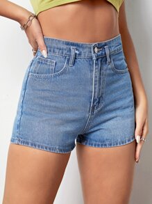 High Waist Denim Shorts - Medium Wash - View 5