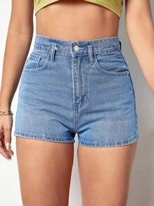 High Waist Denim Shorts - Medium Wash - View 4