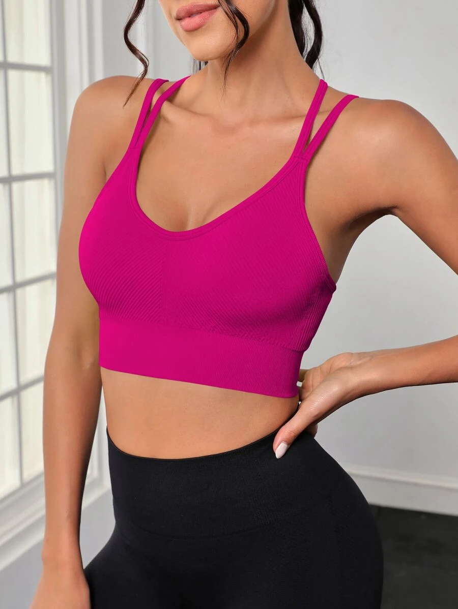 Yoga Basic 後背十字交叉運動型文胸 - 玫紅色 - 查看 1