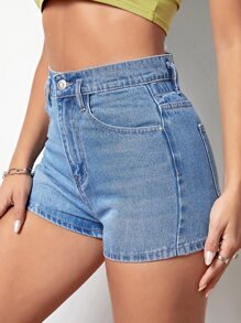 High Waist Denim Shorts - Medium Wash - View 1
